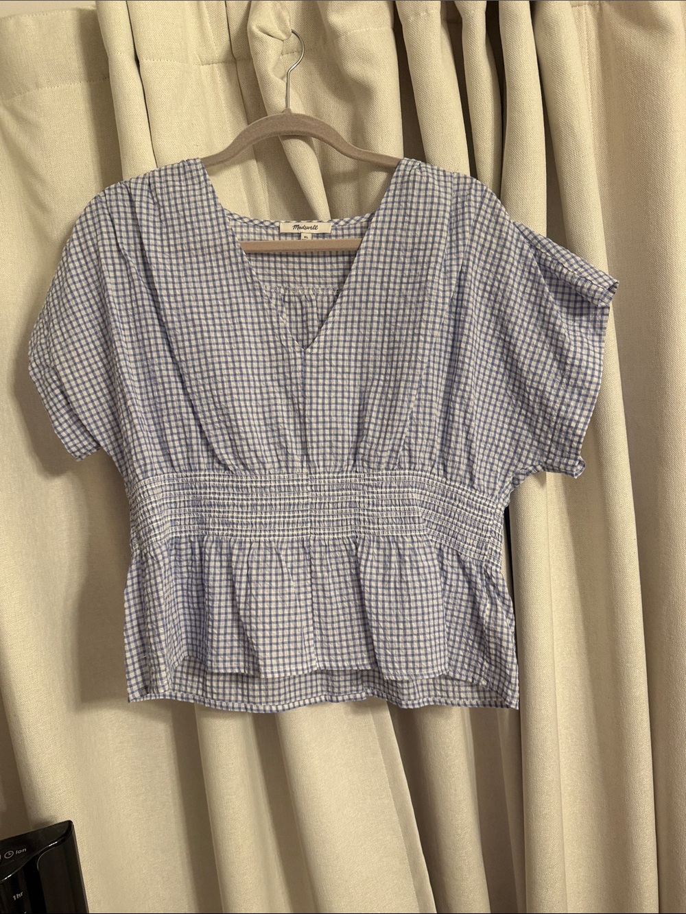 Madewell Light Blue Gingham Smocked Peplum Top